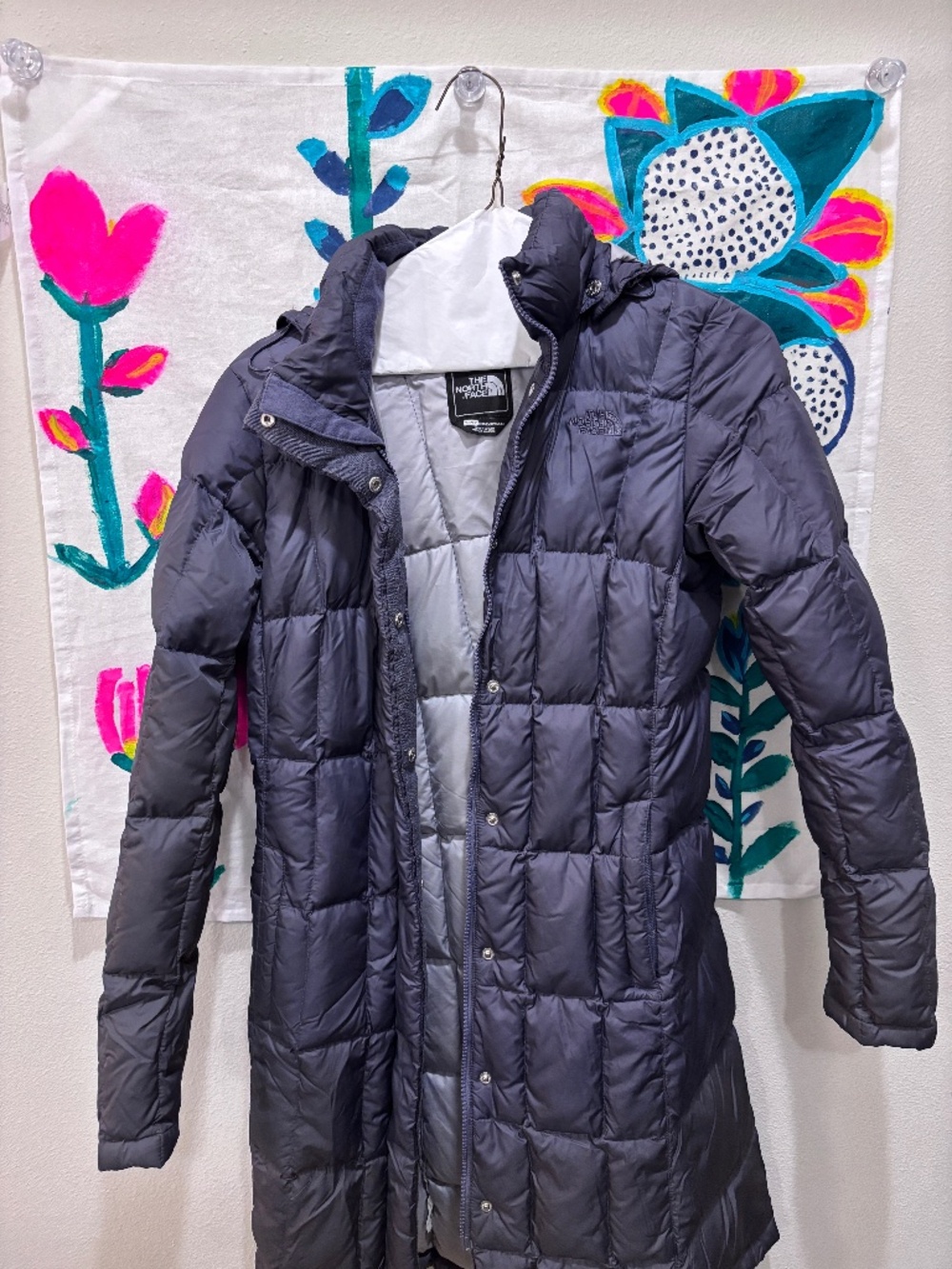 North Face Gray Blue Down Removable Hood Jacket Size XS